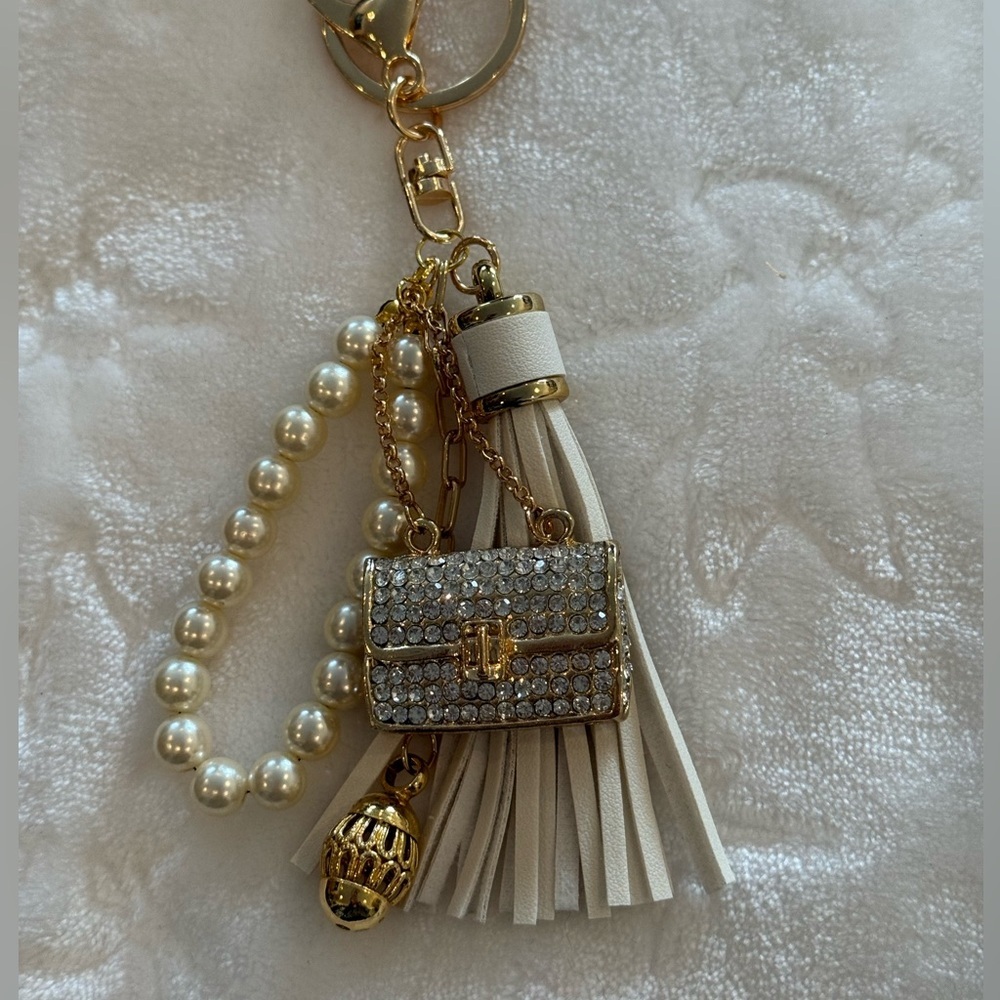 Luxury Pearl & Crystal Handbag Charm Keychain – Gold Tassel Accent - Handmade